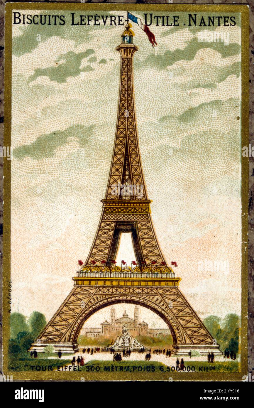 Farbige Illustration zur Ausstellung 1889 mit dem Eiffelturm. Hergestellt von der Keksfabrik Lefevre in Nantes. Stockfoto