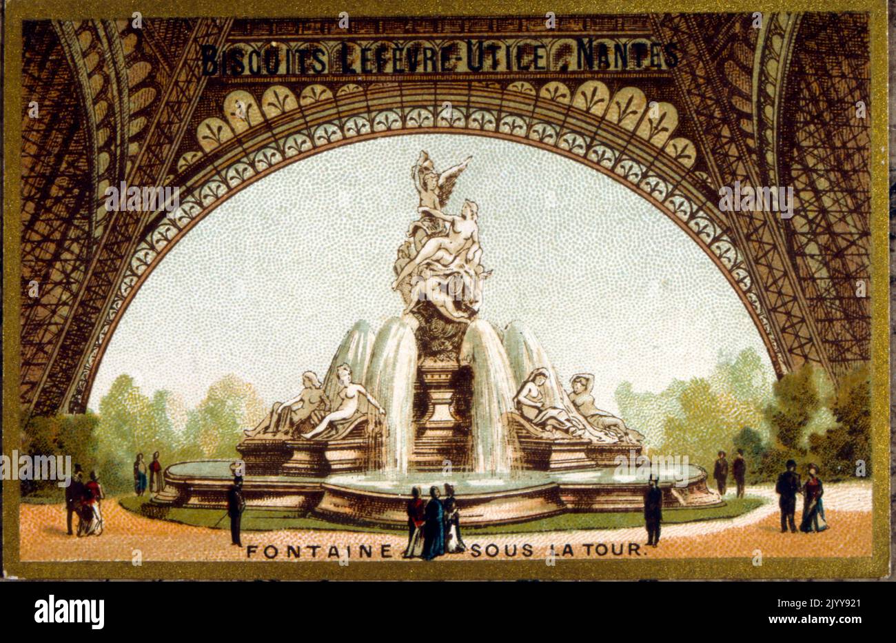Farbige Illustration zur Ausstellung von 1889 mit dem Brunnen unter dem Eiffelturm. Hergestellt von der Keksfabrik Lefevre in Nantes. Stockfoto