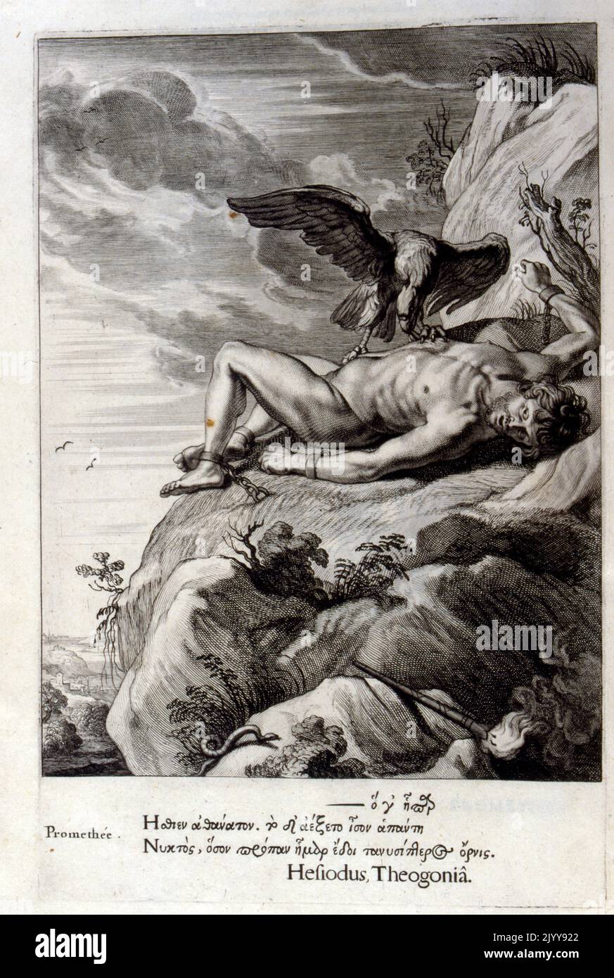 Schwarz-Weiß-Gravur Illustration von Prometheus angekettet und seine Leber von einem Vogel gefressen zu haben. Stockfoto