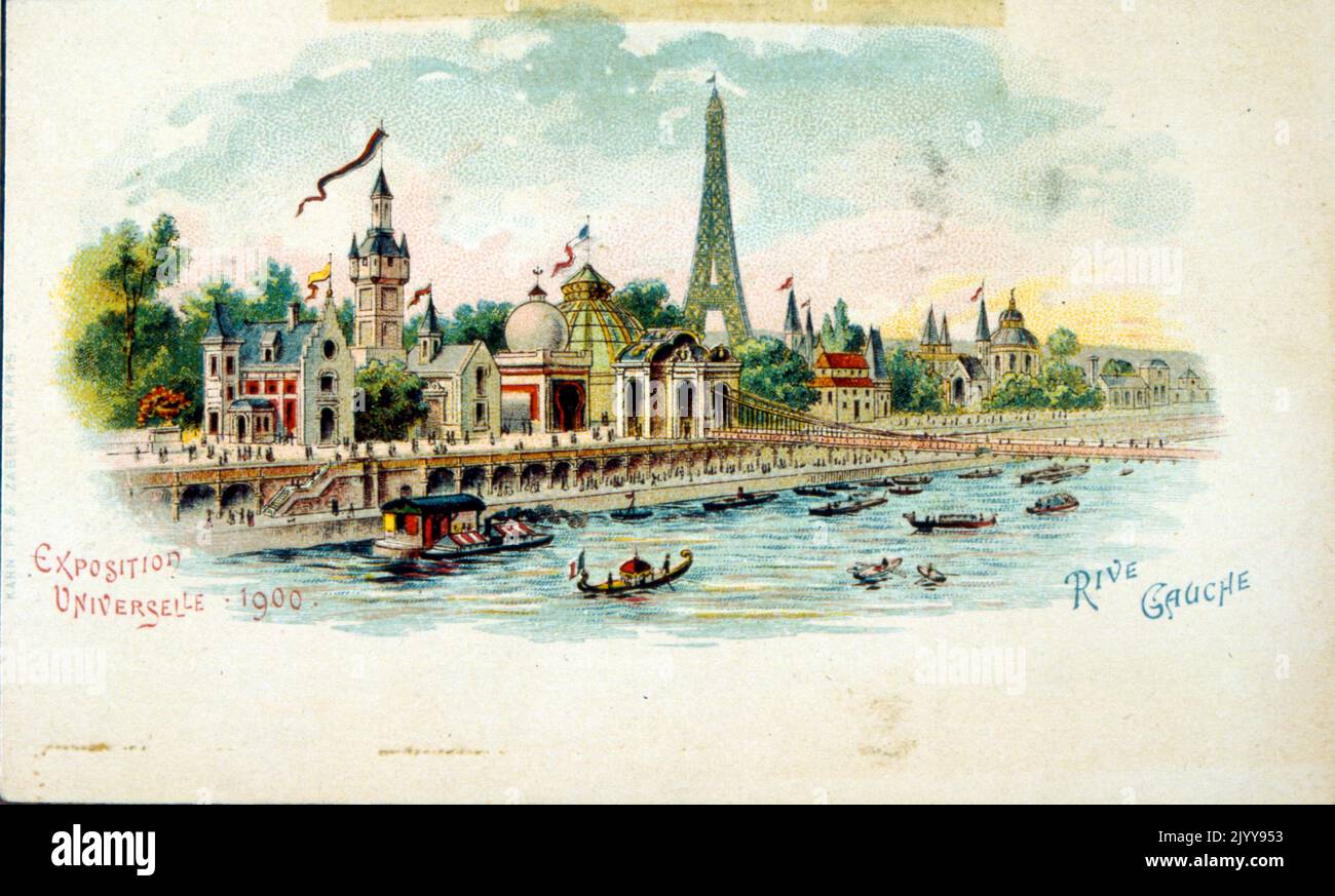 Ausstellung Universelle (Weltausstellung) Paris, 1900; farbige Illustration der Rive Gauche; Blick über die seine zum Eiffelturm. Stockfoto