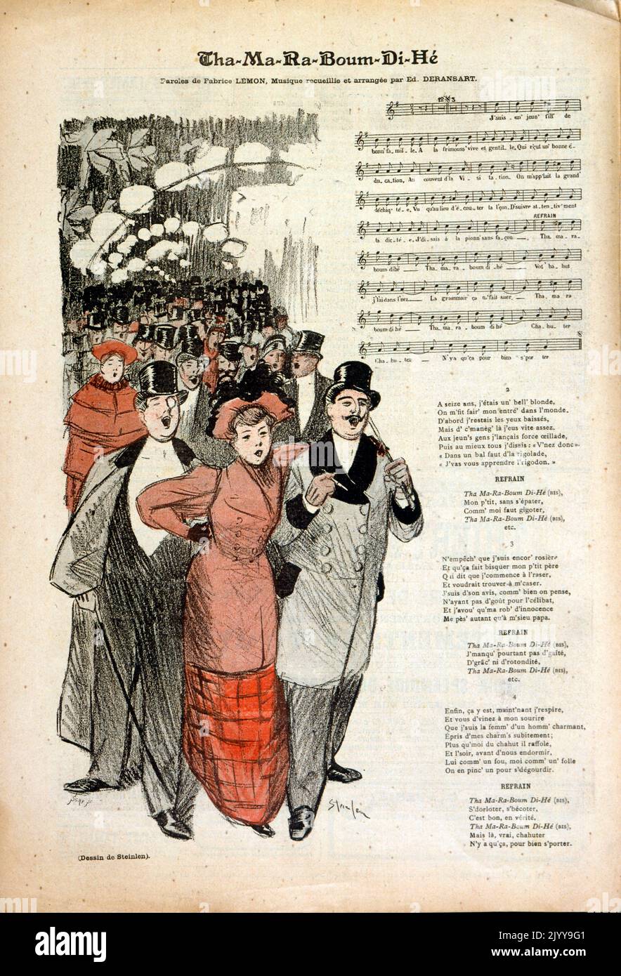 Bebilderte Musikhandschrift mit dem Titel 'Tha-m-r-boum-di-he' mit Texten. Farbige Illustration einer Gruppe von Menschen. Illustriert von Theophile Steinlen. Lyrics von Fabrice Lemon. Musik arrangiert von Ed Deransart. Stockfoto