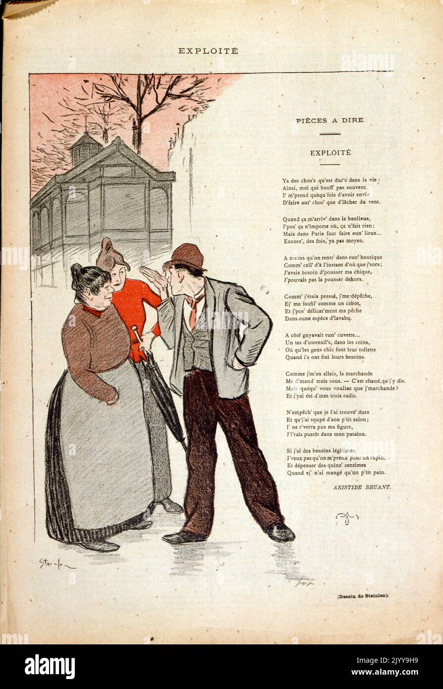 Ein Gedicht mit farbigen Abbildungen. Zwei als Bauern gekleidete Damen sprechen mit einem Mann. Das Gedicht wird von Aristide Bruant (1851-1925) als „ausgebeutet“ bezeichnet. Stockfoto