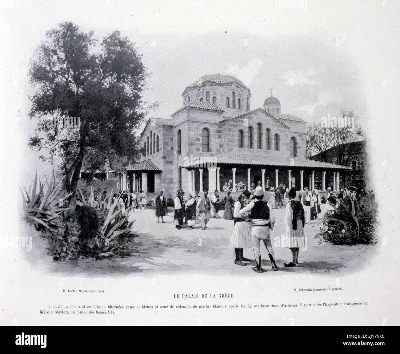 Ausstellung Universelle (Weltausstellung) Paris, 1900; Schwarz-Weiß-Fotografie der A-Straße in der Ausstellung des alten Paris vor der Treppe in Saite-Chapelle, einschließlich Personen in historischen Kostümen. Stockfoto