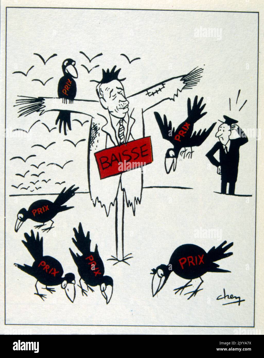 Bild eines Mannes als Vogelscheuche in der Mitte eines Feldes mit Vögeln um ihn herum. Er trägt eine Tafel mit der Aufschrift „Kuss“ und die Vögel haben auf sie „Preis“ geschrieben. Stockfoto