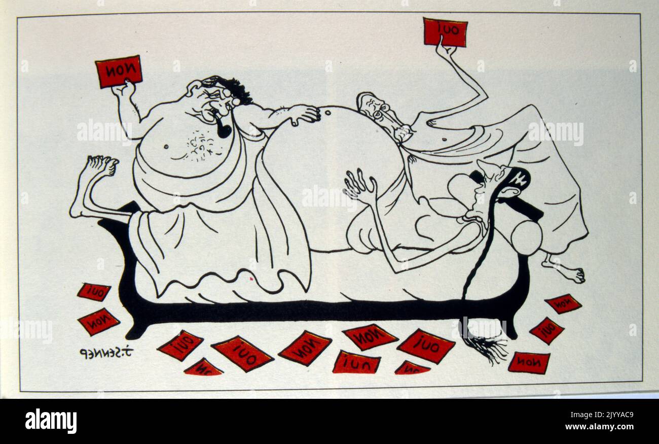 Farbige satirische Illustration eines Schwangeren alten Hages. Zwei Männer berühren ihren Bauch mit Karten, die „Ja“ oder „Nein“ sagen Stockfoto