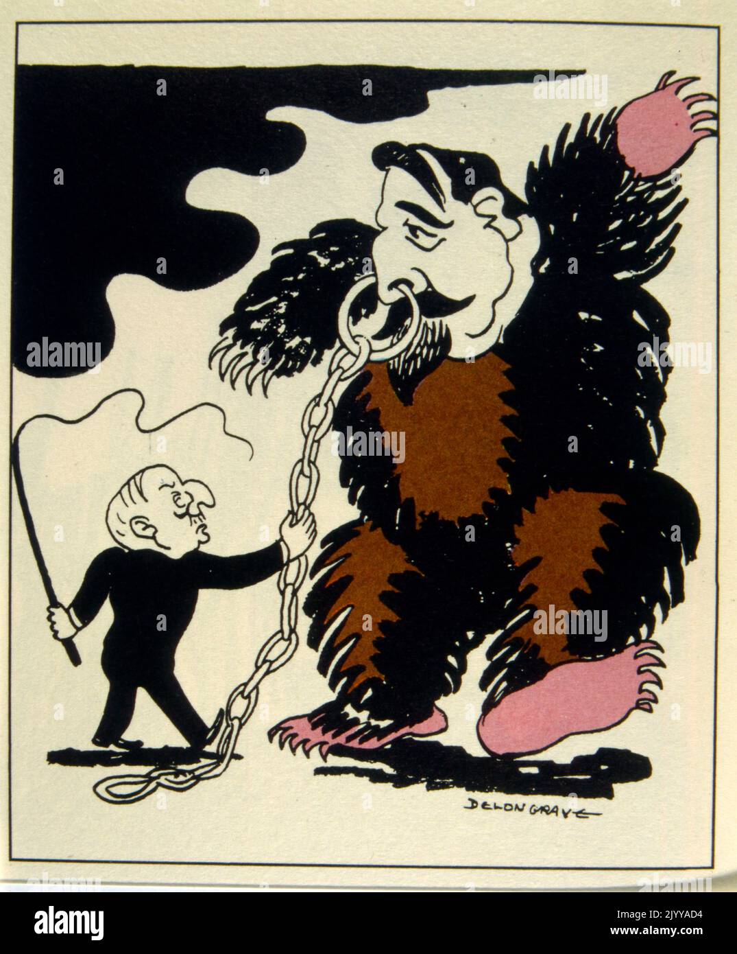 Illustration von Delon Grave; ein Zirkusmeister hält eine Kette an der Nase eines großen Politikers. Stockfoto