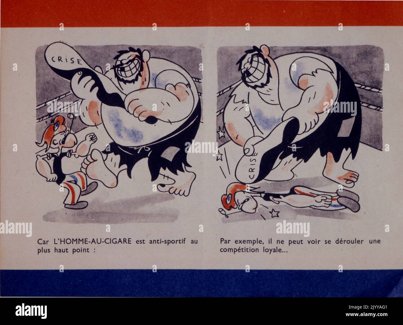 Farbiger Comic-Streifen einer frühen Version von Popeye, der die Geschichte aus dem vorherigen Bild fortsetzt. Stockfoto