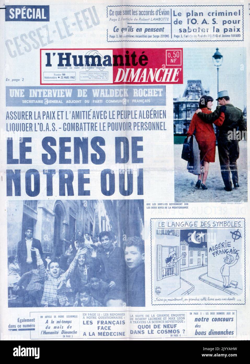 Titelseite der politischen Zeitung 'L'Humanite' vom 25. März 1962. Schlagzeilen 'Der Algerische Krieg'. Stockfoto