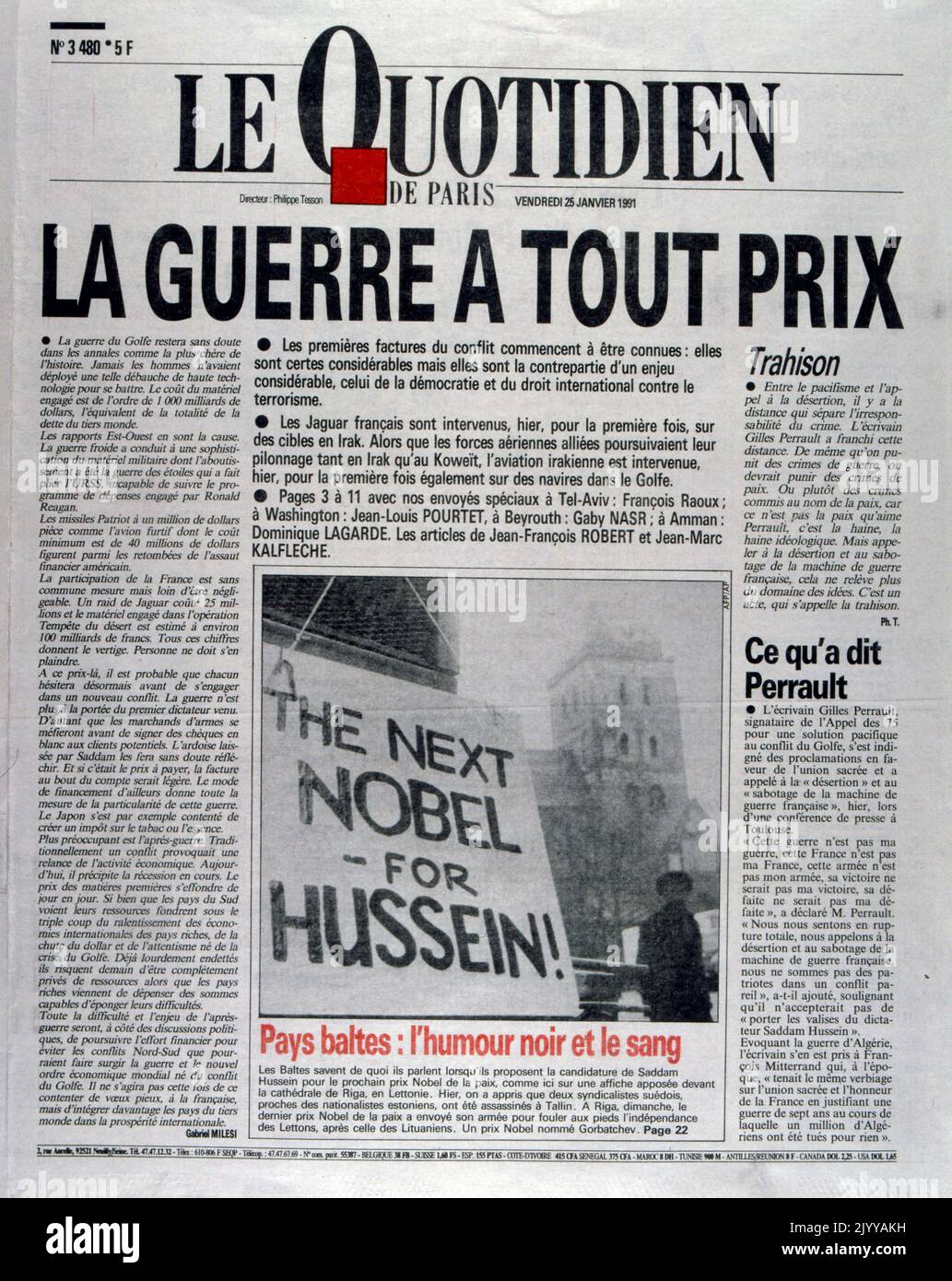 Aus der Zeitung 'Quotidien' vom 25. Januar 1991. Erster Golfkrieg. Stockfoto