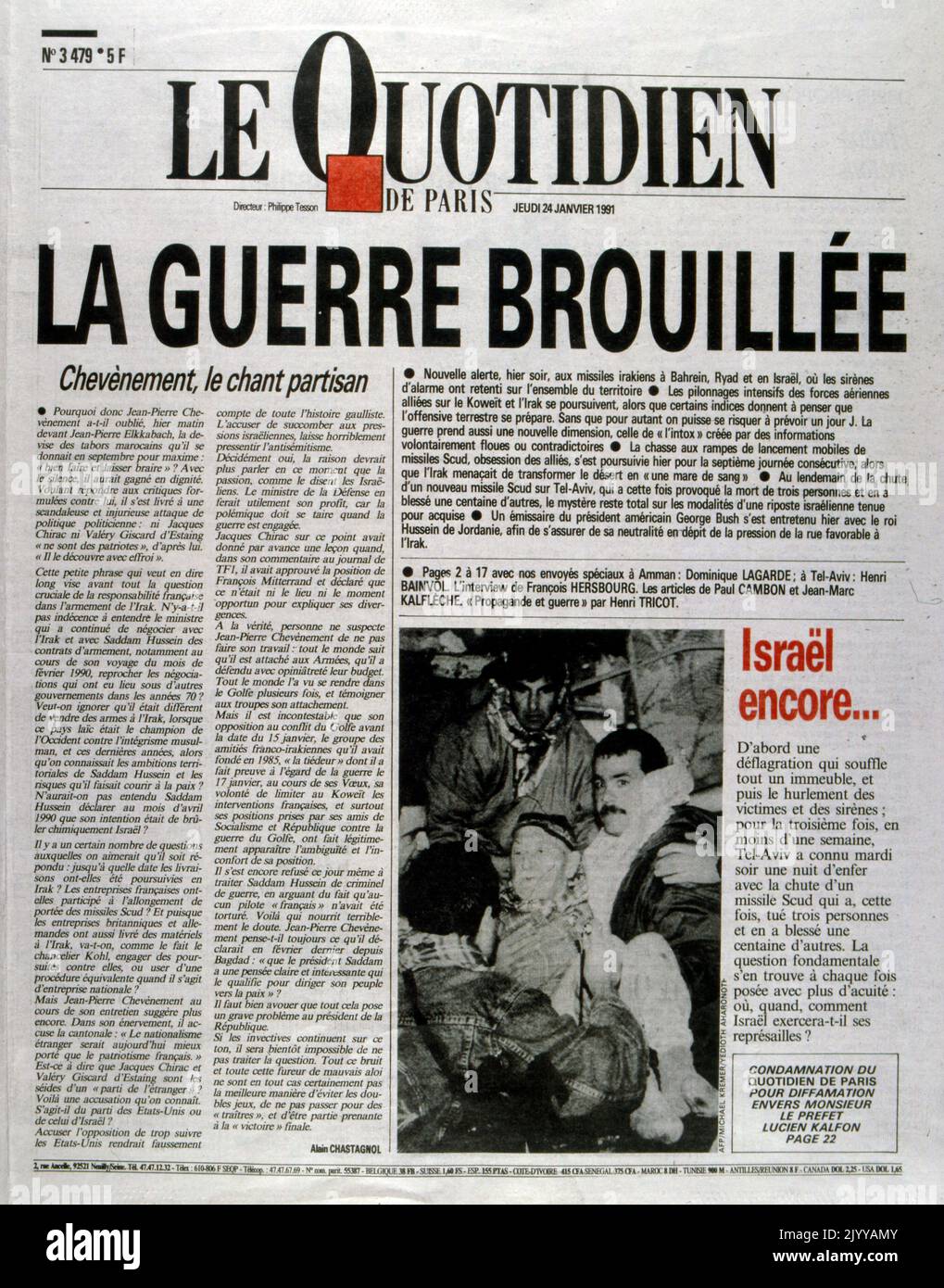 Aus der Zeitung 'Quotidien' vom 21. Januar 1991. Erster Golfkrieg. Stockfoto