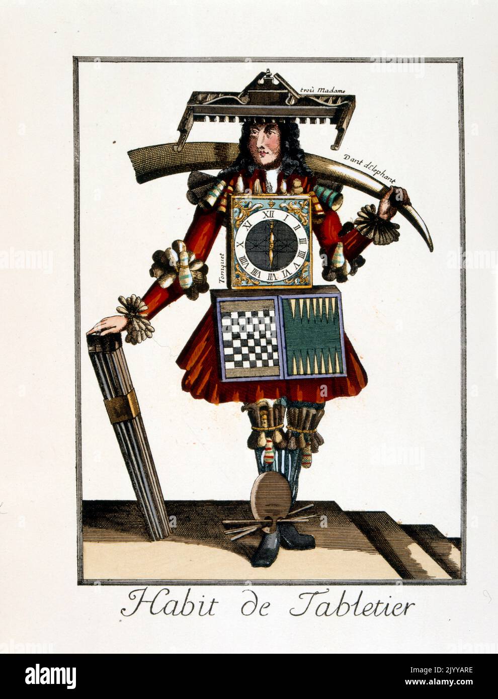 Farbige Abbildung eines Mannes, der ein Outfit eines Spielzeugherstellers für ein Brettspiel mit dem Titel „Habit de Tabletier“ trägt. Stockfoto