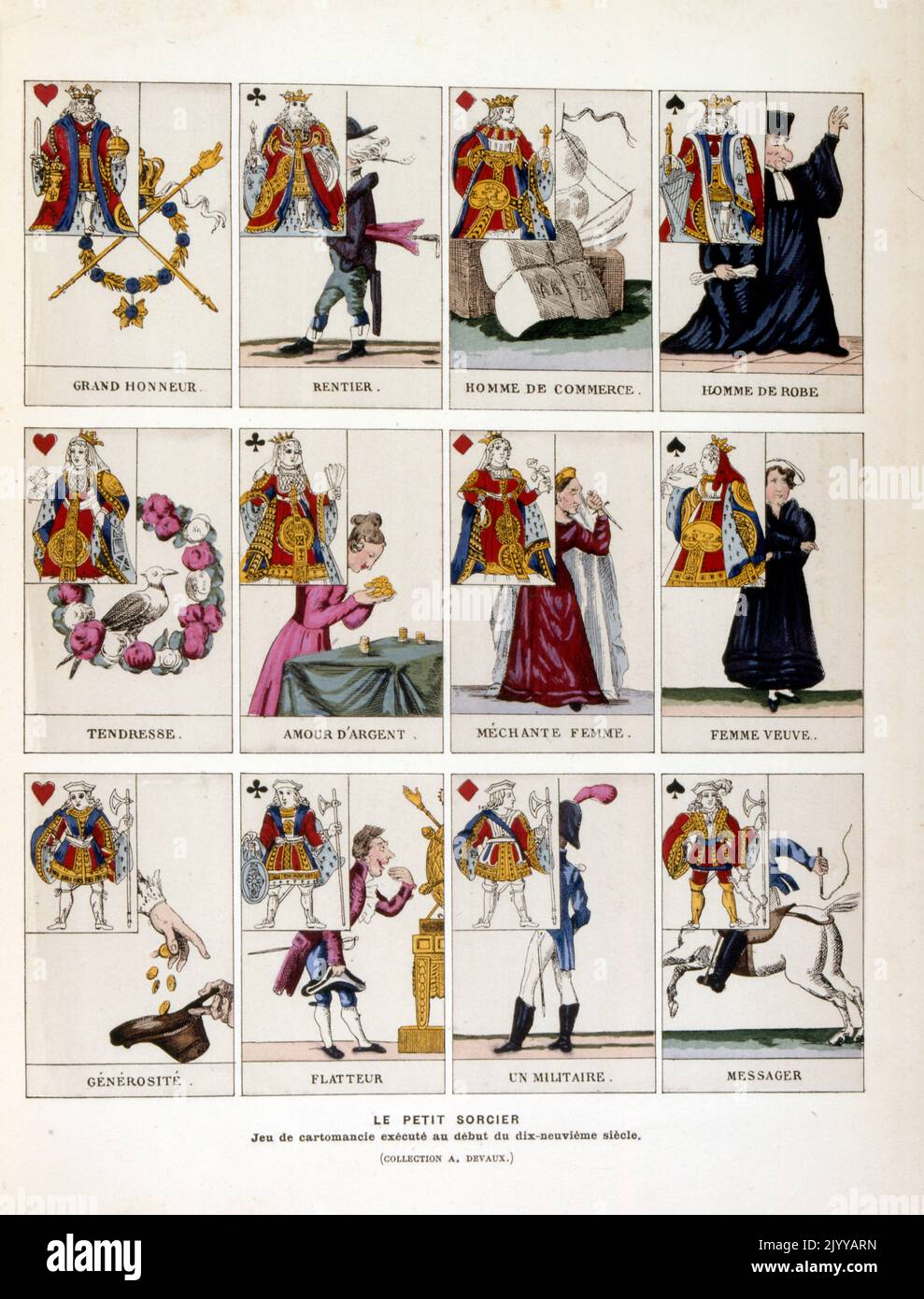 Farbige Abbildung eines Kartenspiels mit dem Namen „die kleine Hexe“ aus einem magischen Kartenspiel, das zu Beginn des 19.. Jahrhunderts gespielt wurde. Stockfoto