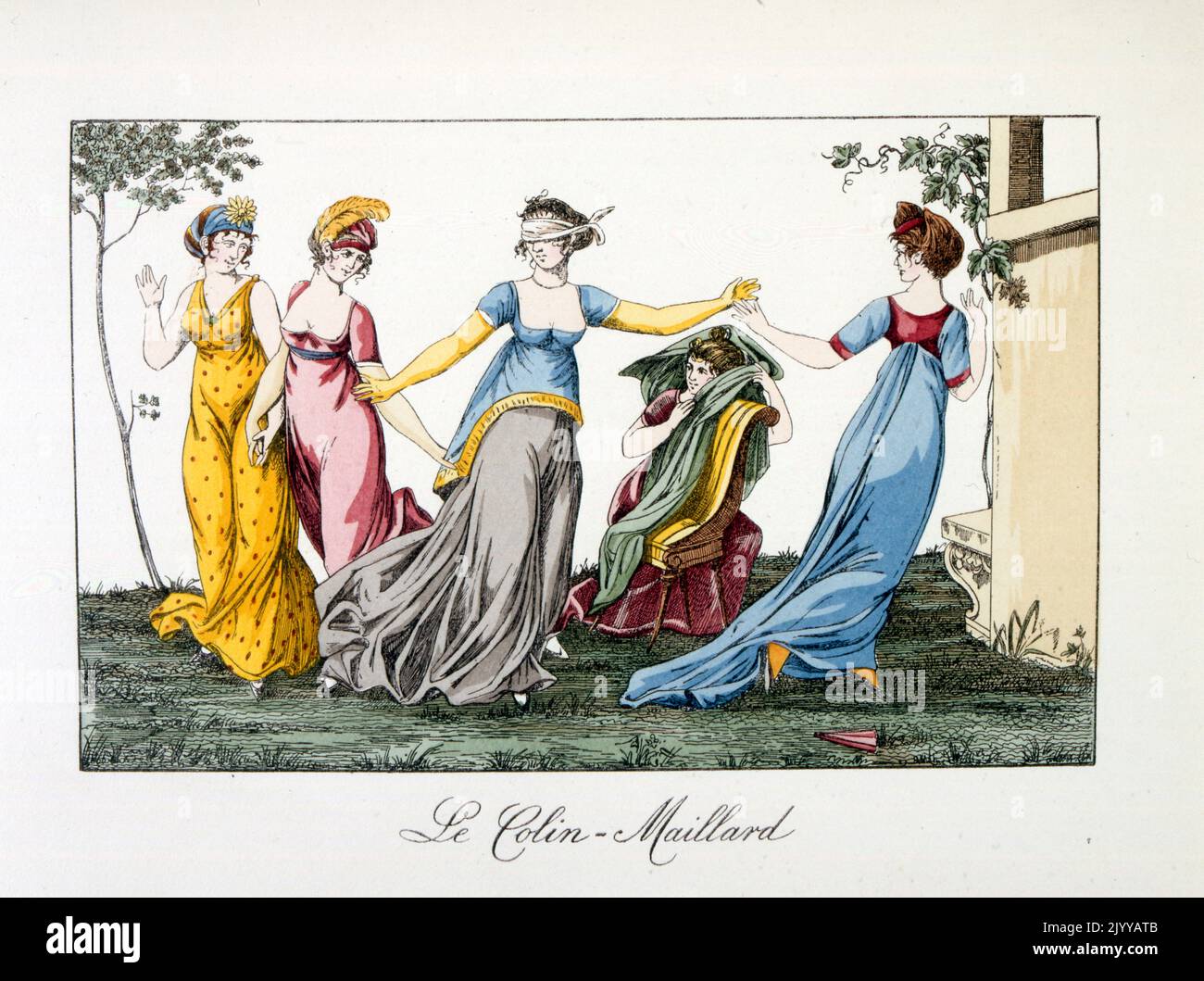Aquarell-Illustration mit dem Titel „The Colin-Duck“. Ein Gesellschaftsspiel im Freien, bei dem sich die Damen mit verbundenen Augen verfolgen. Stockfoto