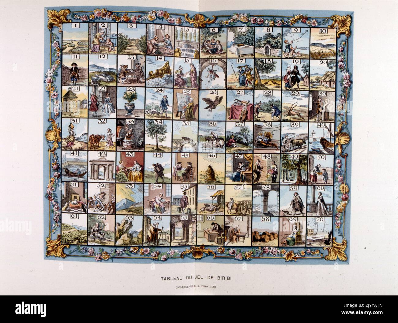 Farbige Illustration des Spiels von Biribi. 70 Quadrate mit farbigen Bildern. Stockfoto
