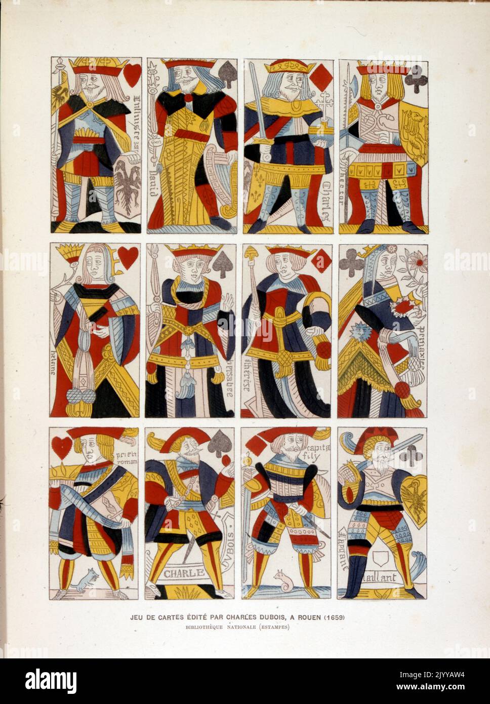 Farbige Illustration eines Kartenspiels. Pack herausgegeben von Charles Dubois, in Rouen. Stockfoto