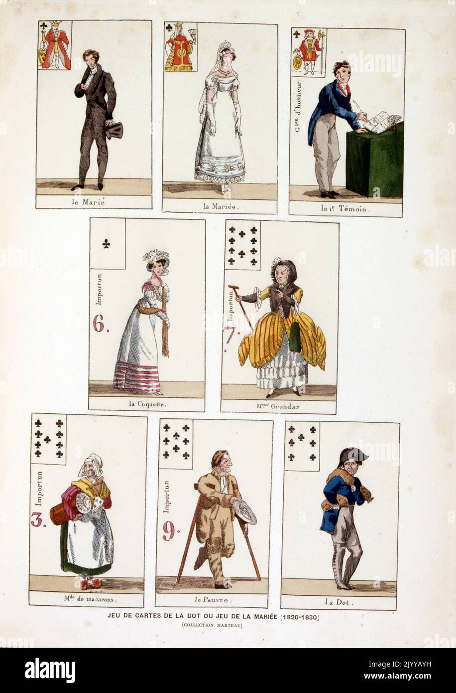 Farbige Darstellung von Spielkarten; das Spiel La dot oder das Spiel der Frau (1820-1830). Stockfoto