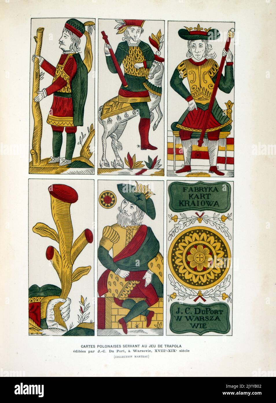 Farbige Darstellung von Spielkarten; polnisches Trapolarspiel. Gedruckt von J.C. Du Port in Warsovic, 18. und 19. Jahrhundert. Stockfoto