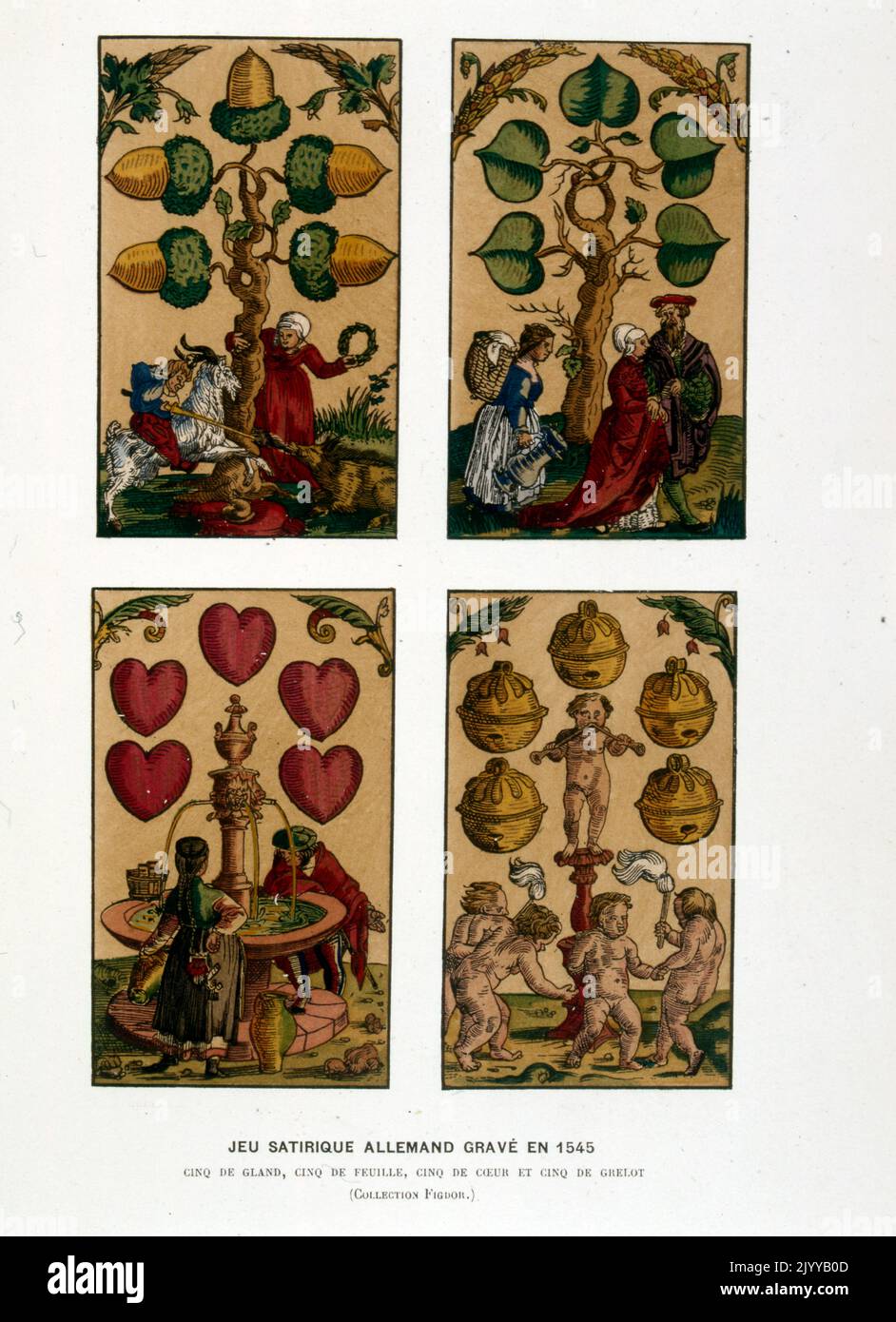 Farbige Darstellung von Spielkarten; satirisches deutsches Spiel, eingraviert 1545 mit fünf Herzen. Stockfoto