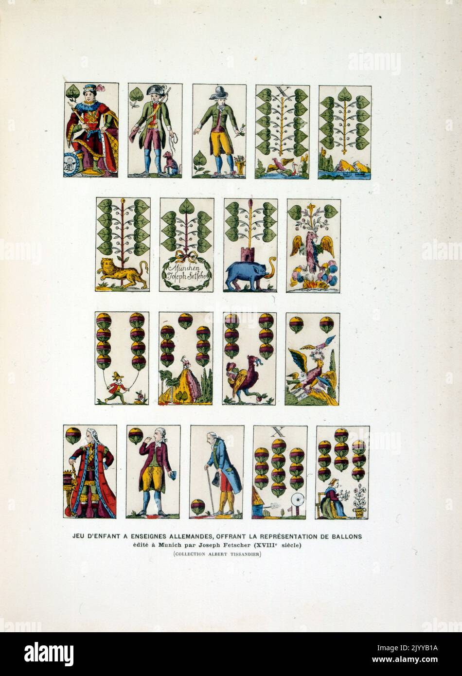 Farbige Illustration von Spielkarten; ein Spiel eines Kindes, um ihm Deutsch zu lehren. Gedruckt bei Joseph Fetscher im 18.. Jahrhundert in München. Stockfoto