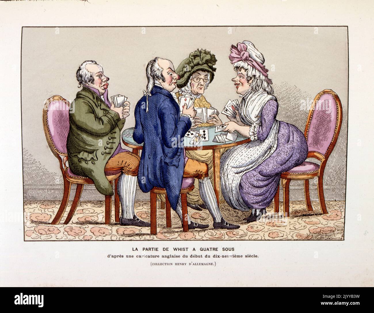 Farbige Abbildung von Spielkarten, die vier Personen darstellen, die das Kartenspiel Whist spielen, ein beliebtes Spiel aus dem 19.. Jahrhundert. Stockfoto