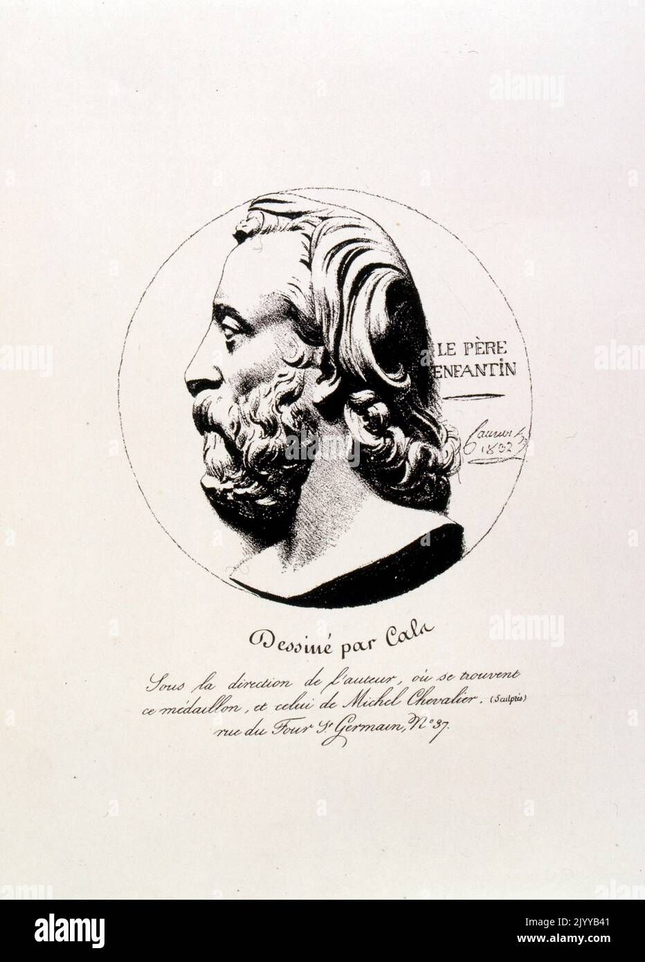 Schwarz-weiß Illustration einer Büste von Le Pere Enftin, illustriert von Cala. Stockfoto