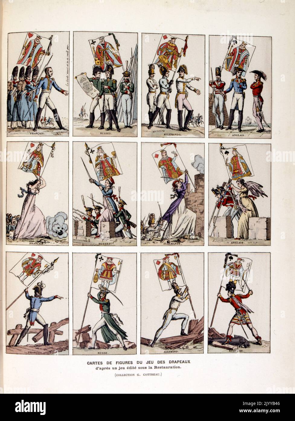 Farbige Abbildung von Spielkarten mit Figuren aus dem Spiel Drapeaux. Stockfoto