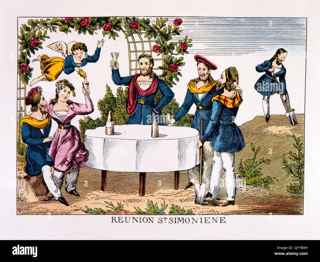 Farbige Illustration von Männern und Frauen um einen Tisch mit der Überschrift „Wiedervereinigung der Saint-Simoners“ Stockfoto