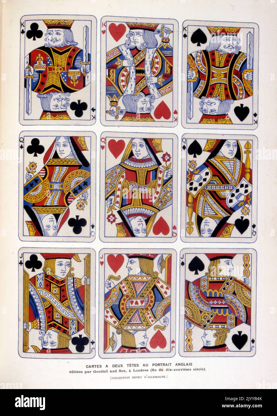 Farbige Darstellung von Spielkarten mit Köpfen von Engländern, herausgegeben von Goodall and Sons in London im 19.. Jahrhundert. Stockfoto