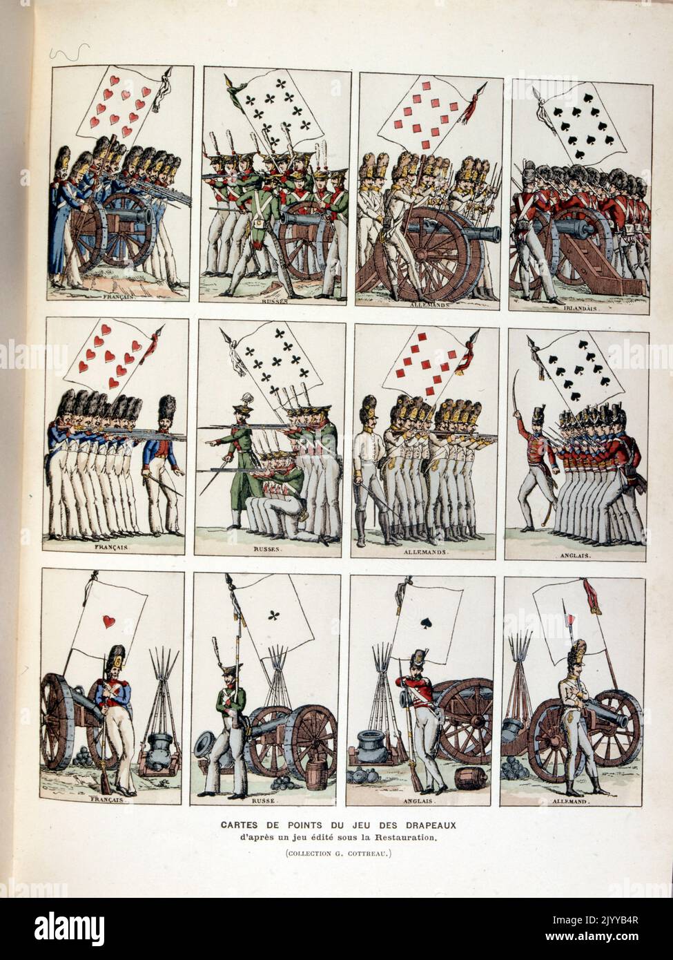 Farbige Abbildung von Spielkarten mit Figuren aus dem Spiel Drapeaux. Stockfoto