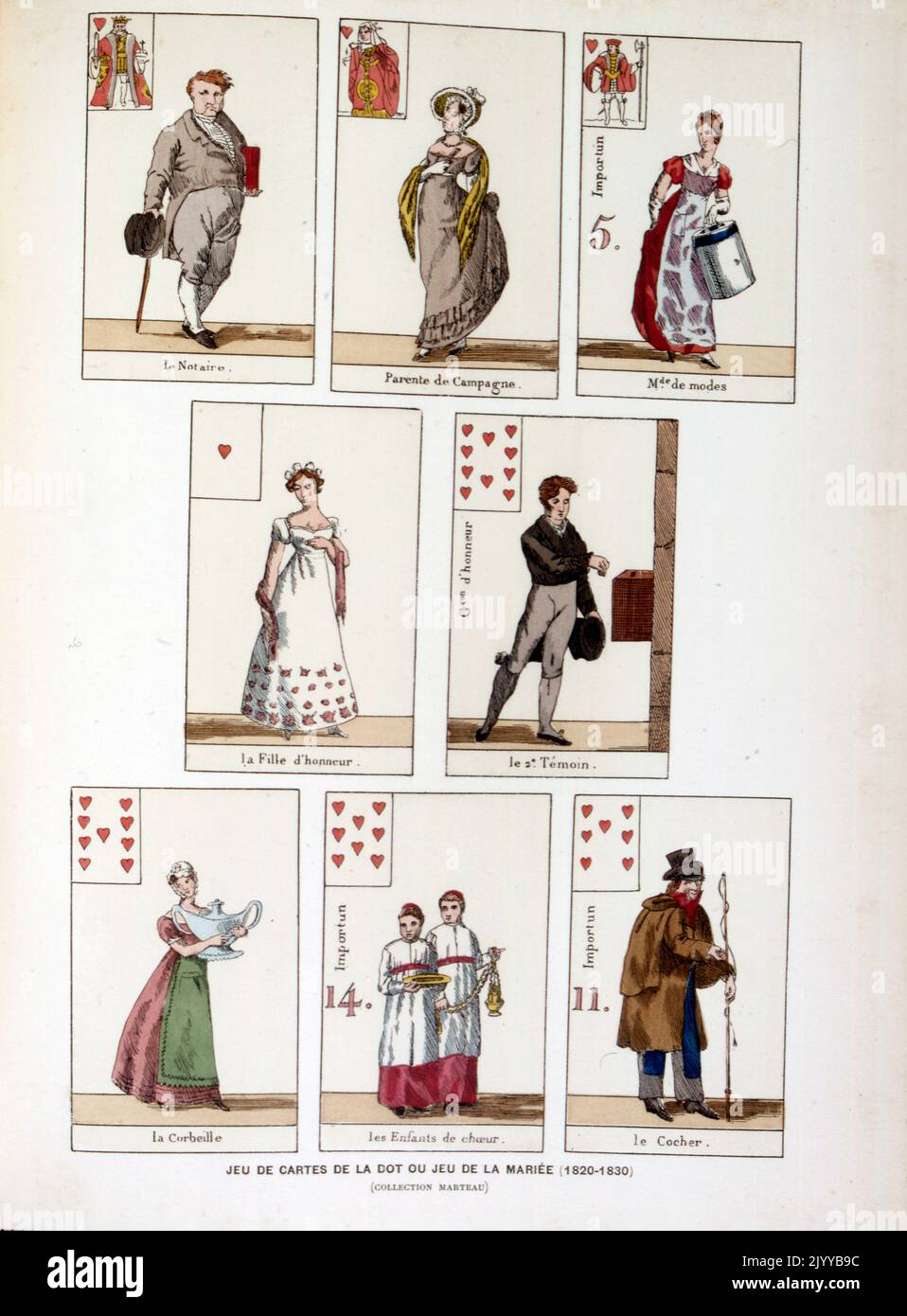 Farbige Darstellung von Spielkarten, die das Spiel des Punktes darstellen, auch bekannt als das Spiel der verheirateten Frau (1820-1830). Stockfoto