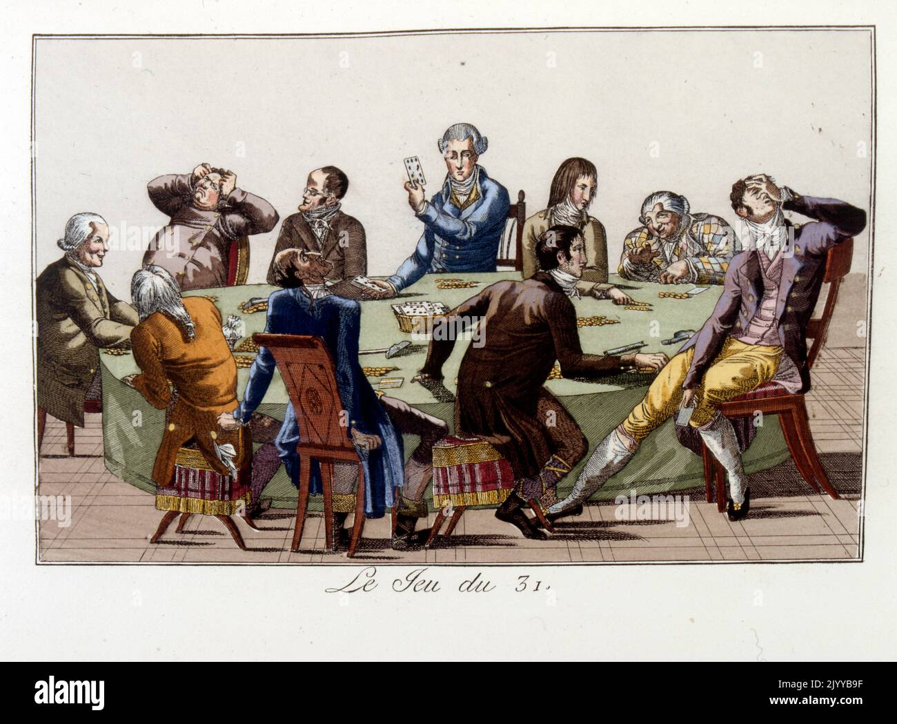 Farbige Illustration von Männern an einem Tisch, die Kartenspiele mit dem Titel „das Spiel von 31“ spielen (1831). Stockfoto