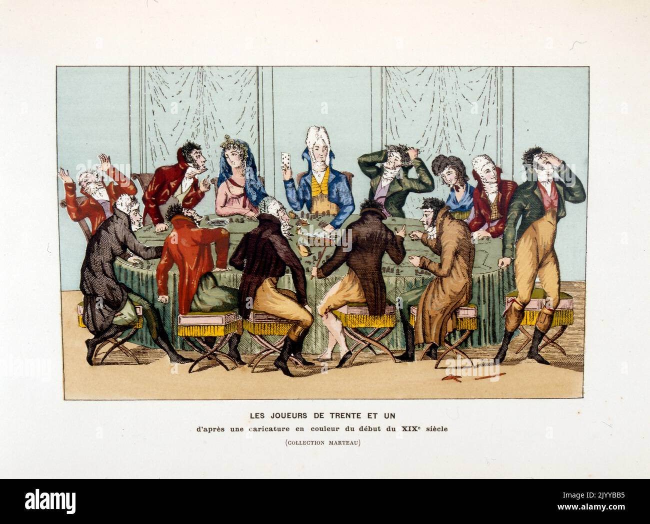 Farbige Illustration von Männern an einem Tisch, die das Spiel von '31' spielen, inspiriert durch eine Karikatur in Farbe vom Anfang des 19.. Jahrhunderts. Stockfoto