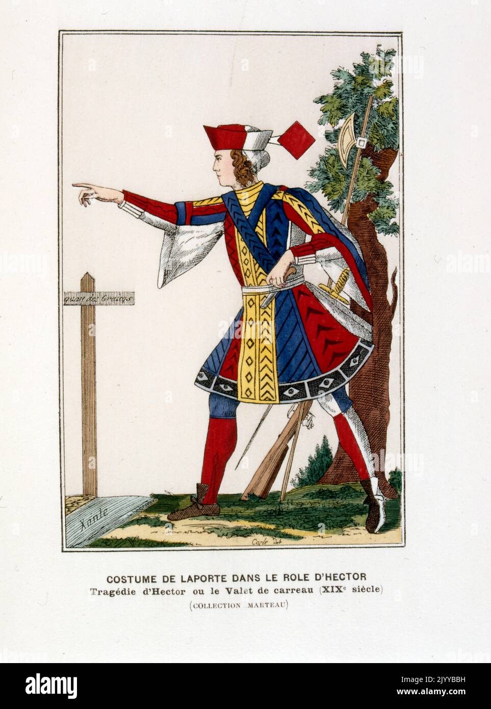 Farbige Illustration einer Figur in Kostüm in der Rolle des Hektors in der Tragödie des Hektors im 19.. Jahrhundert. Stockfoto