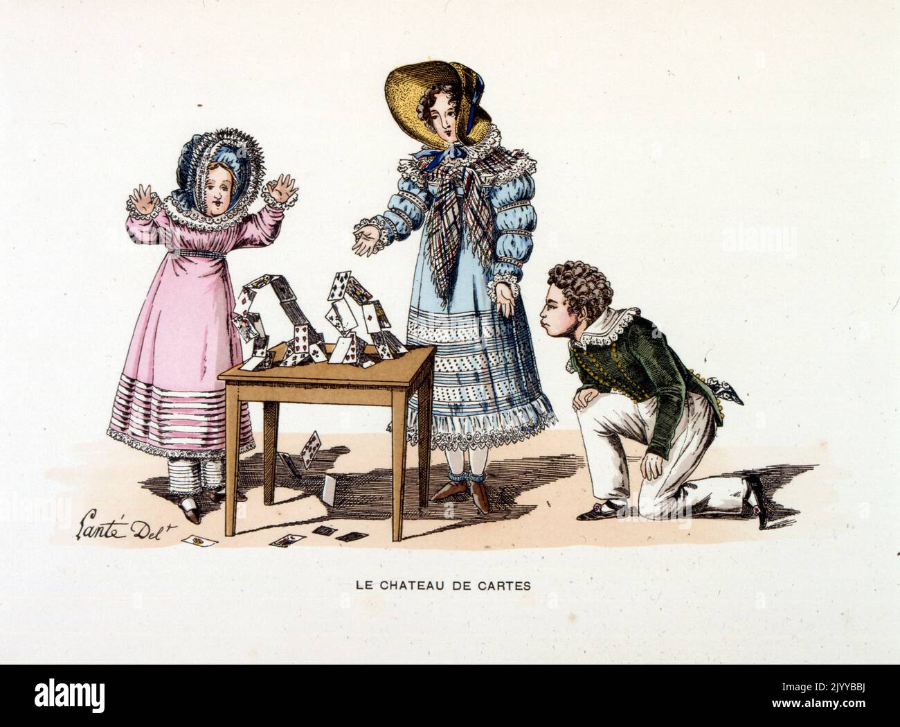 Farbige Illustration von Kindern, die im frühen 19.. Jahrhundert mit einem Kartenhaus spielten. Stockfoto