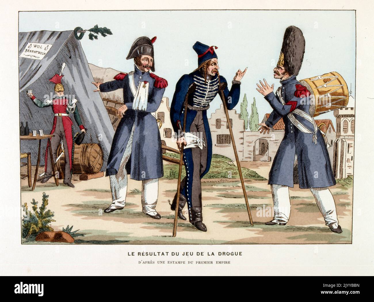 Farbige Darstellung von Soldaten vor einem Zelt mit dem Titel „das Spiel der Drogen (medizinische Ergebnisse)“ aus einem Druck von 1792. Stockfoto