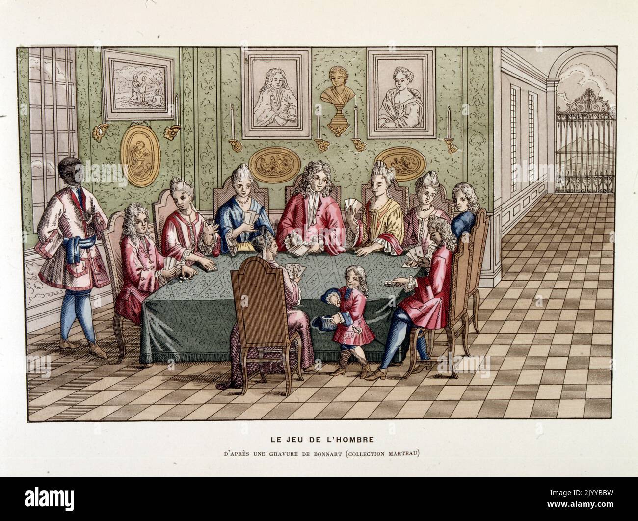 Farbige Abbildung einer Karte eine Gruppe von Menschen um einen Tisch herum, die das Schattenspiel spielen, inspiriert von einem Gemälde von Bonnard. Stockfoto