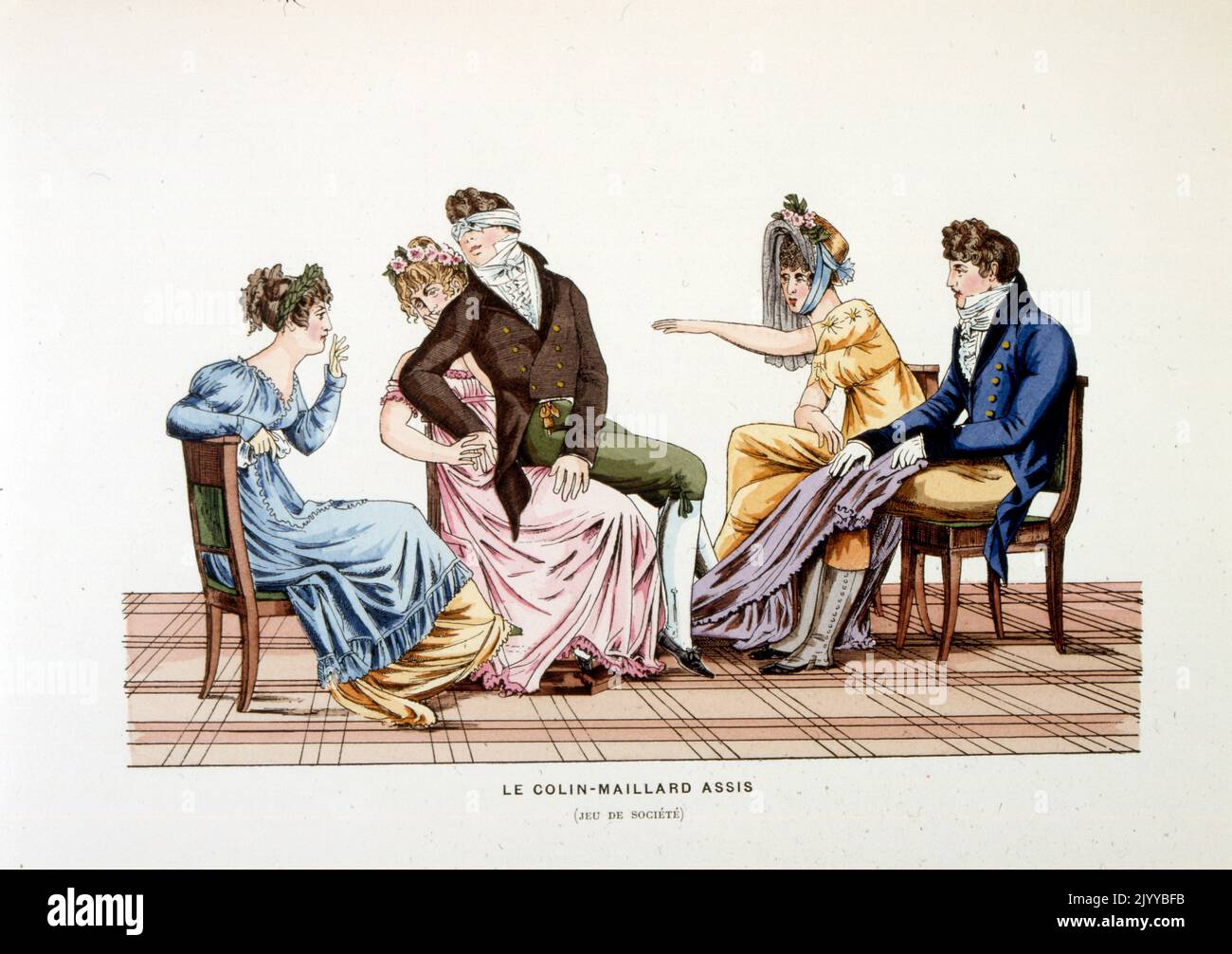 Farbige Illustration von jungen Menschen, die ein Gesellschaftsspiel namens Colin-Maillard spielen, auch bekannt als der göttliche Kuss. Ein Mann sitzt auf einer Frau. Stockfoto