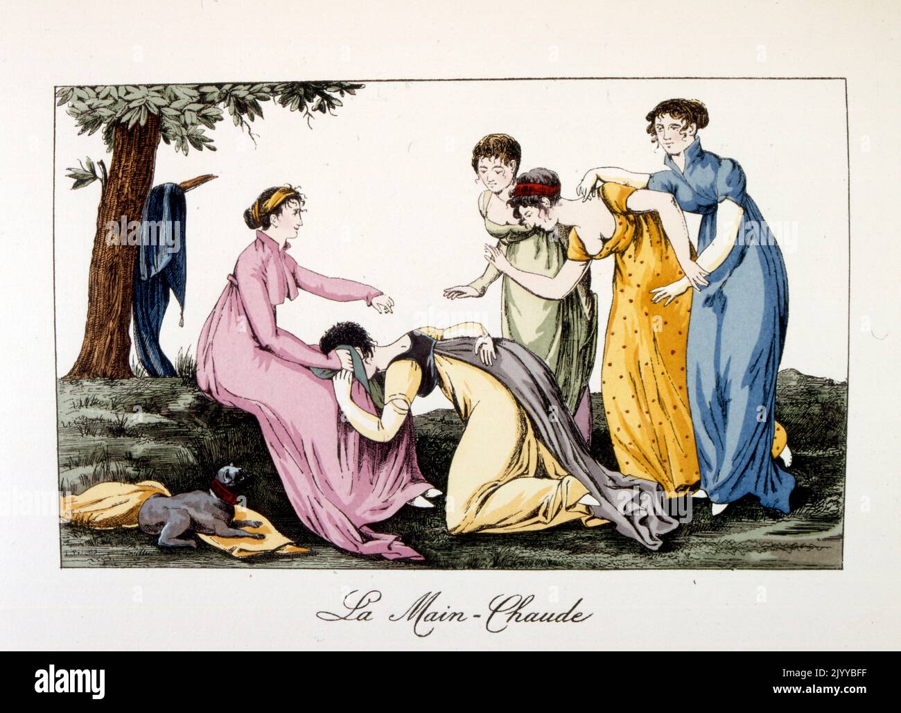 Farbige Illustration eines Outdoor-Gesellschaftsspiels namens „The Hot Hand“. Eine Frau hat ihren Kopf im Schoß einer anderen Frau. Stockfoto
