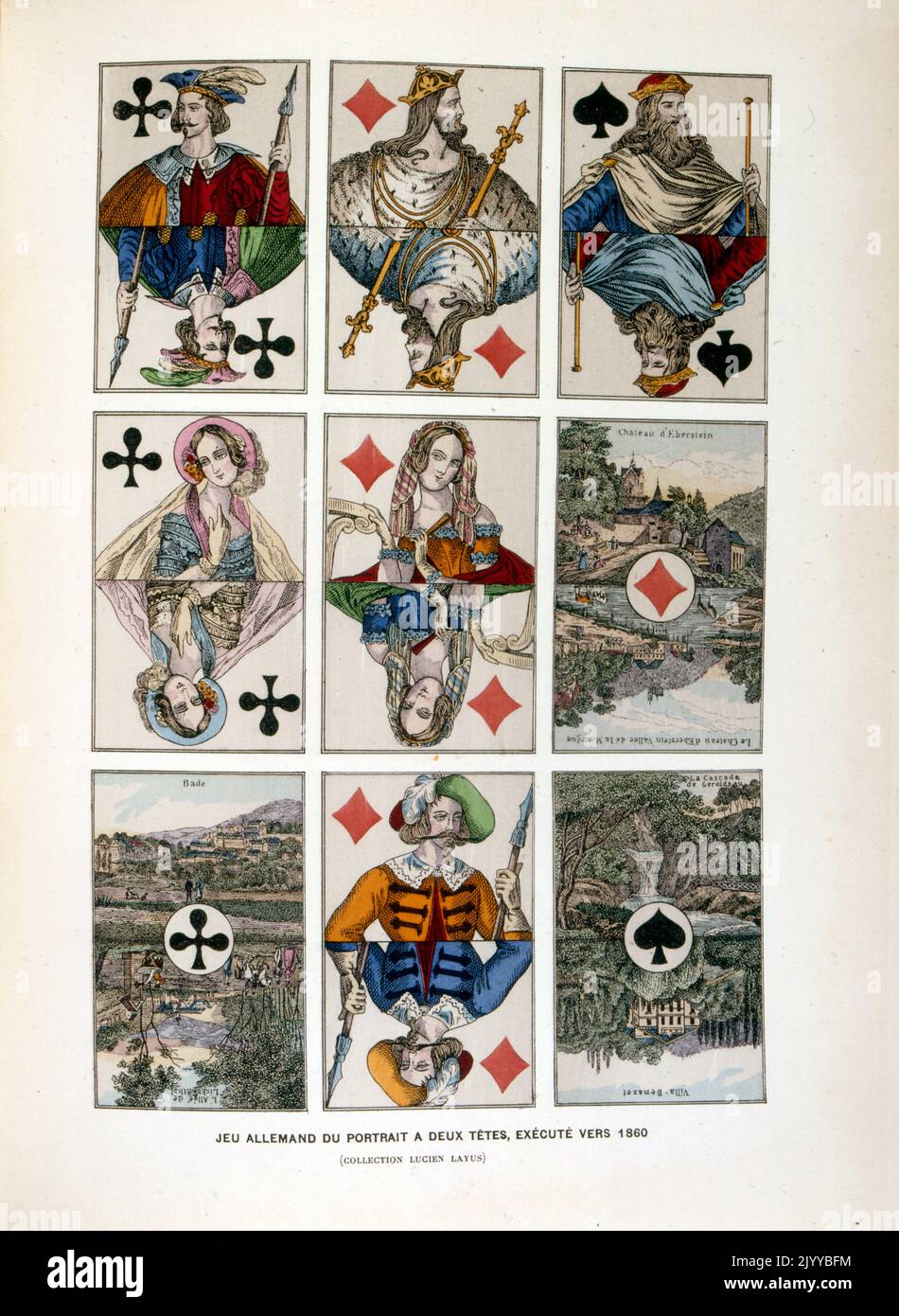 Farbige Abbildung von Spielkarten mit zwei Köpfen auf jeder Karte in gespiegelter Weise, um 1860 gemacht. Stockfoto