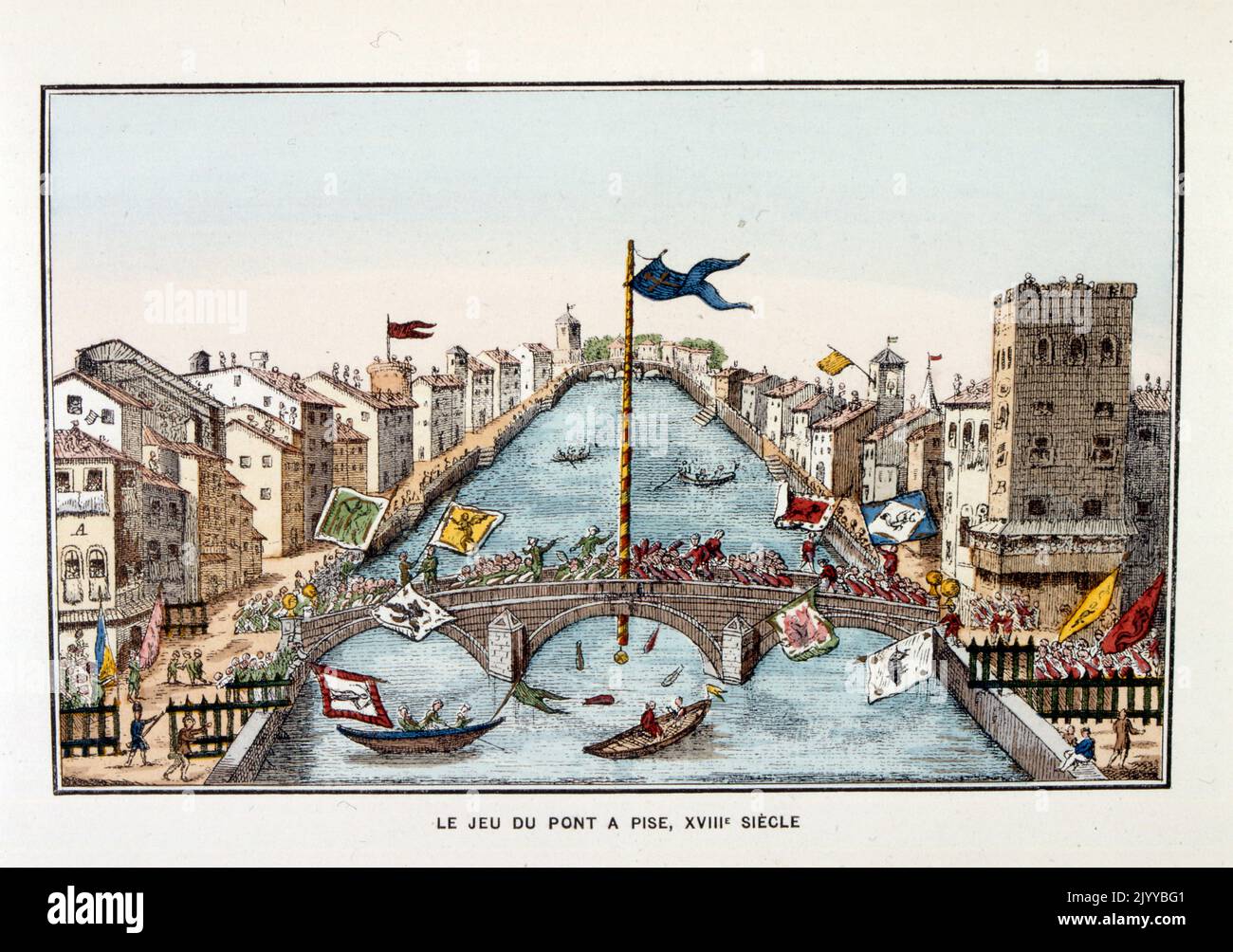 Farbige Illustration eines Spiels, das im 18.. Jahrhundert auf der Brücke in Pontoise gespielt wurde. Stockfoto