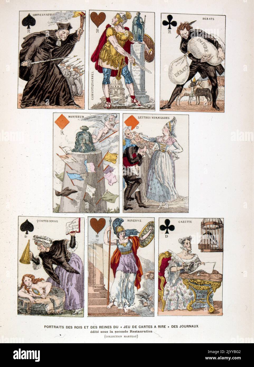 Farbige Darstellung von Spielkarten von Porträts von Königen und Königinnen mit humorvollen Szenen aus der im Rahmen der zweiten Restaurierung veröffentlichten Papierpresse. Stockfoto