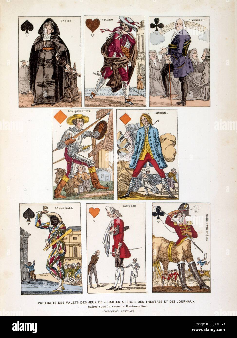Farbige Darstellung von Spielkarten mit Porträts von Buben und humorvollen Szenen aus der Druckpresse, die im Rahmen der zweiten Restaurierung veröffentlicht wurde. Stockfoto