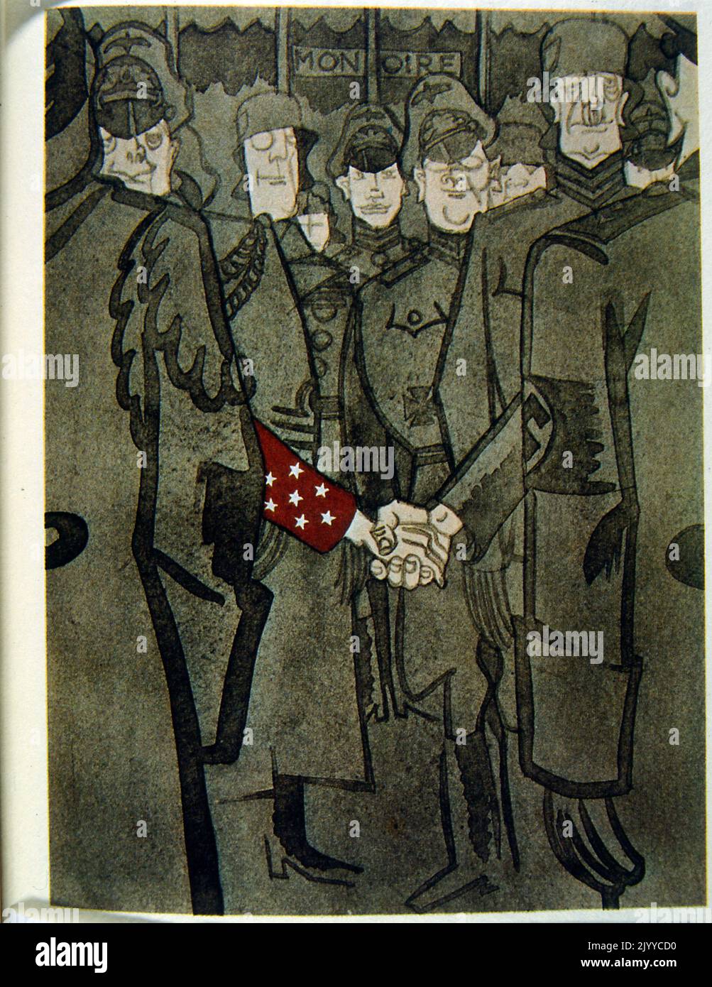 Satirische Illustration mit Soldaten, die in Reihen stehen. Amerika, gekennzeichnet durch Sterne auf einem roten Ärmel, reicht Nazi-Deutschland die Hand. Stockfoto