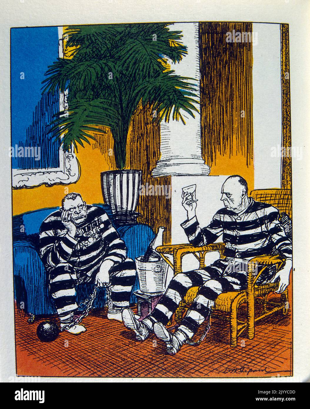 Farbige Illustration, in der zwei Gefangene in ihren gestreiften Gefängniskleidung sitzen, die an einem Ball und einer Kette befestigt sind und Champagner in einem noblen Hotel trinken. Stockfoto