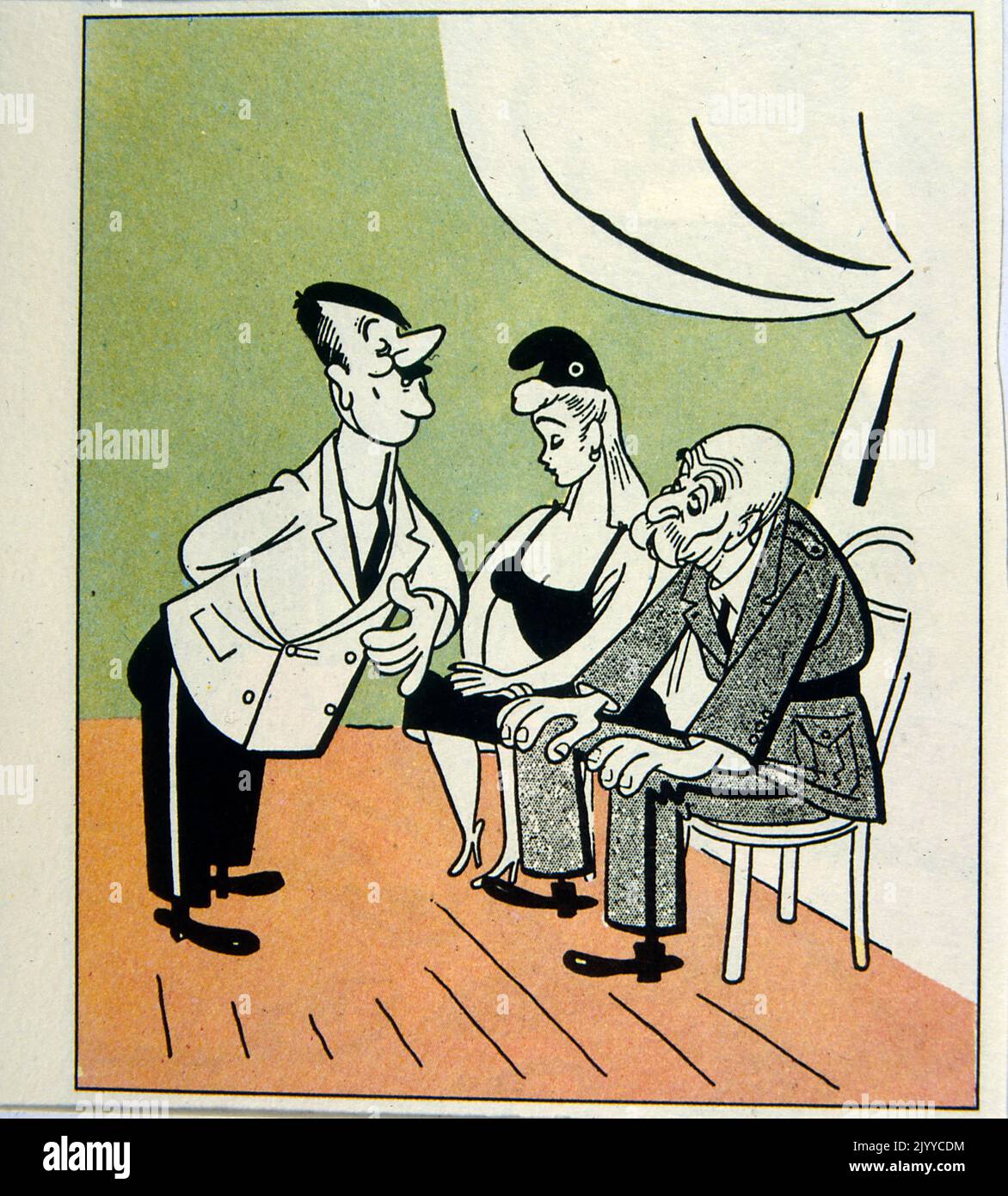 Satirische Illustration von Hitler, der einen alten Mann und eine junge Dame niedergeschlagen hat. Stockfoto