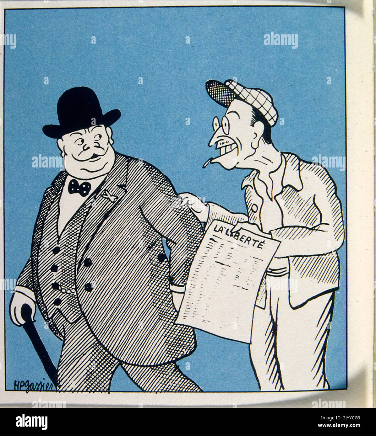 Tinte Illustration von zwei Männern, die zusammen gehen. Einer der Männer zeigt dem anderen die Zeitung La Liberte. Stockfoto