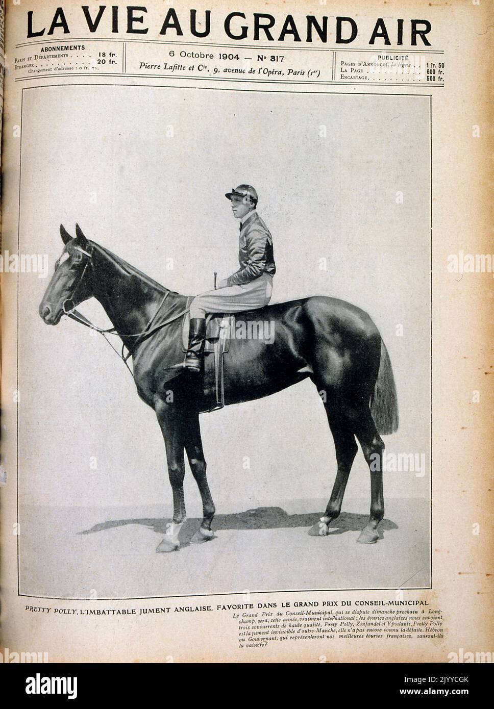 Illustration im Lifestyle-Magazin La Vie au Grand Air; Mann zu Pferd. Das Pferd heißt Pretty Polly, der ungeschlagene englische Youngster und Favorit für den Großen Preis in dem Rennen, das in der Woche nach dem 6. Oktober 1904 stattfinden wird. Stockfoto