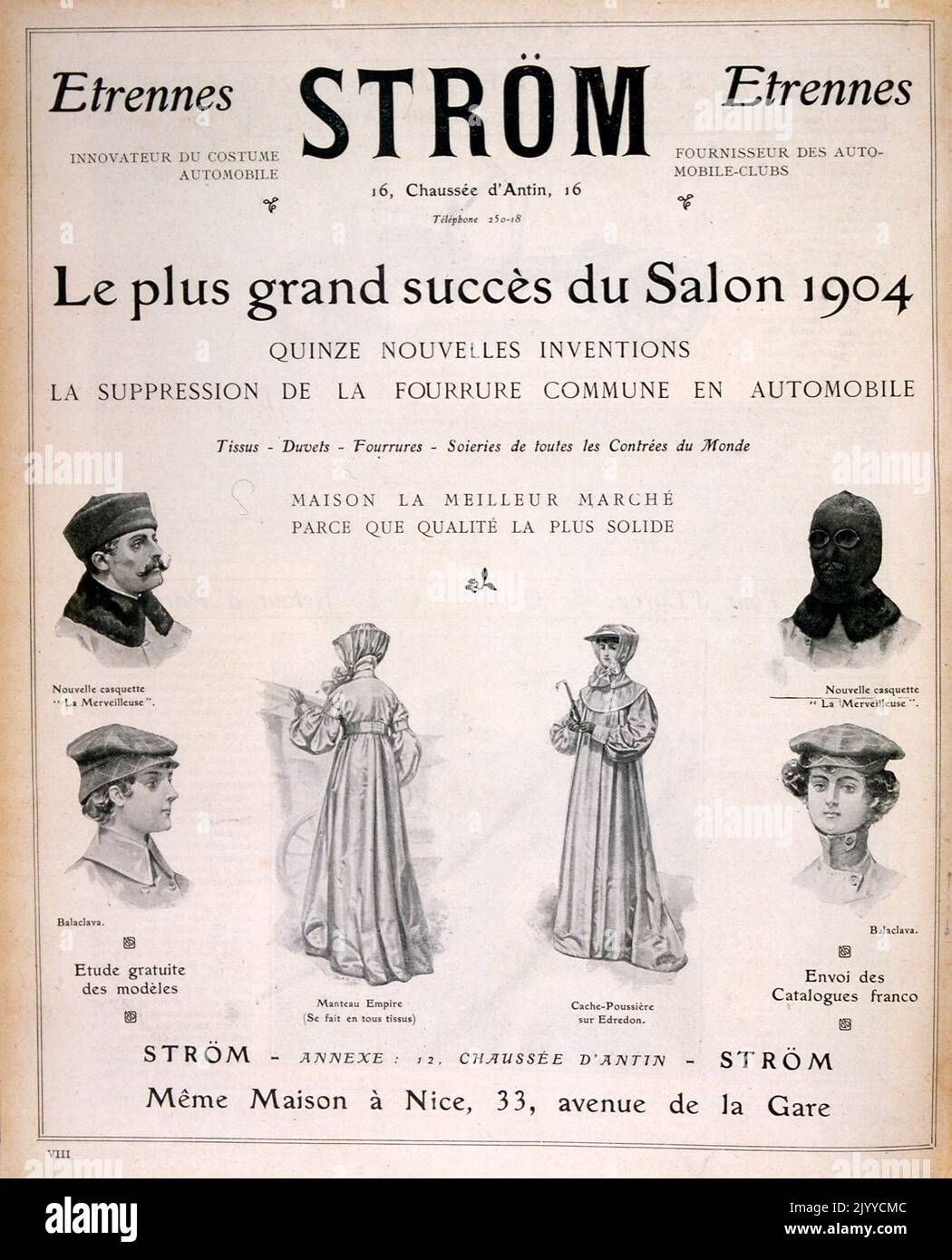 Werbung im Lifestyle-Magazin La Vie au Grand Air; Werbung für Automobilbekleidung, mit Bildern von Hüten, Vollmasken und Vollkleidern des Modedesigners Strom. Stockfoto