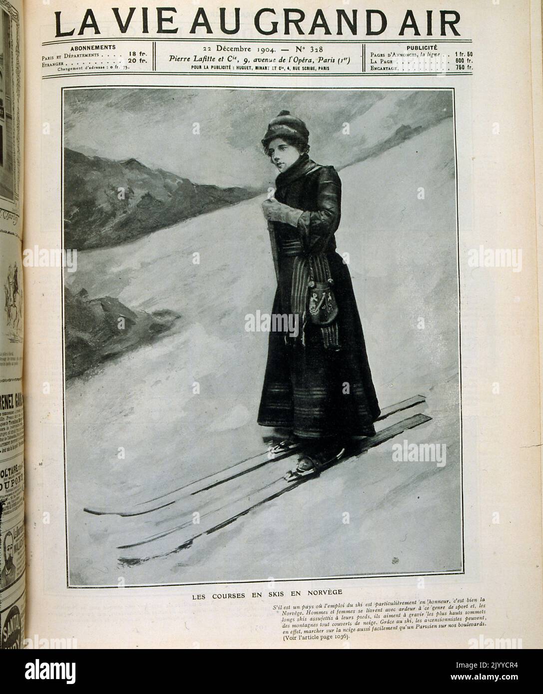 Foto im Inneren des Lifestyle-Magazins La Vie au Grand Air; Titelblatt mit einem Foto einer Dame im langen Mantel auf Skiern. Stockfoto