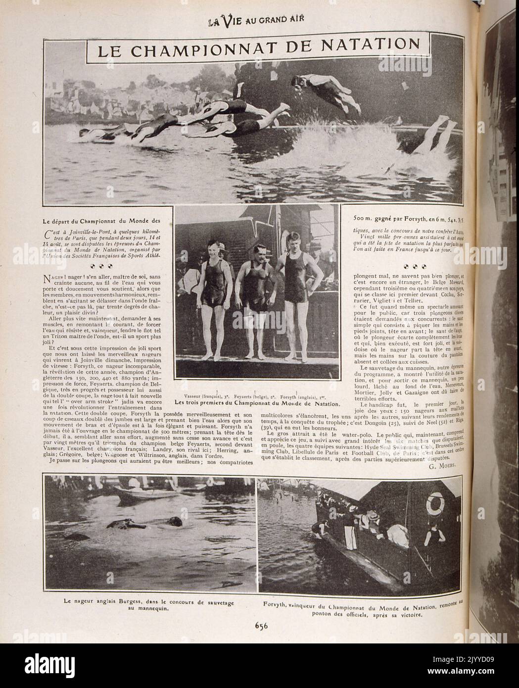 Aus dem Magazin La Vie au Grand Air (Life in the Outdoors); Schwarz-Weiß-Foto von Männern, die in den Fluss tauchen, um ein Schwimmrennen bei den Weltmeisterschaften zu beginnen. Stockfoto